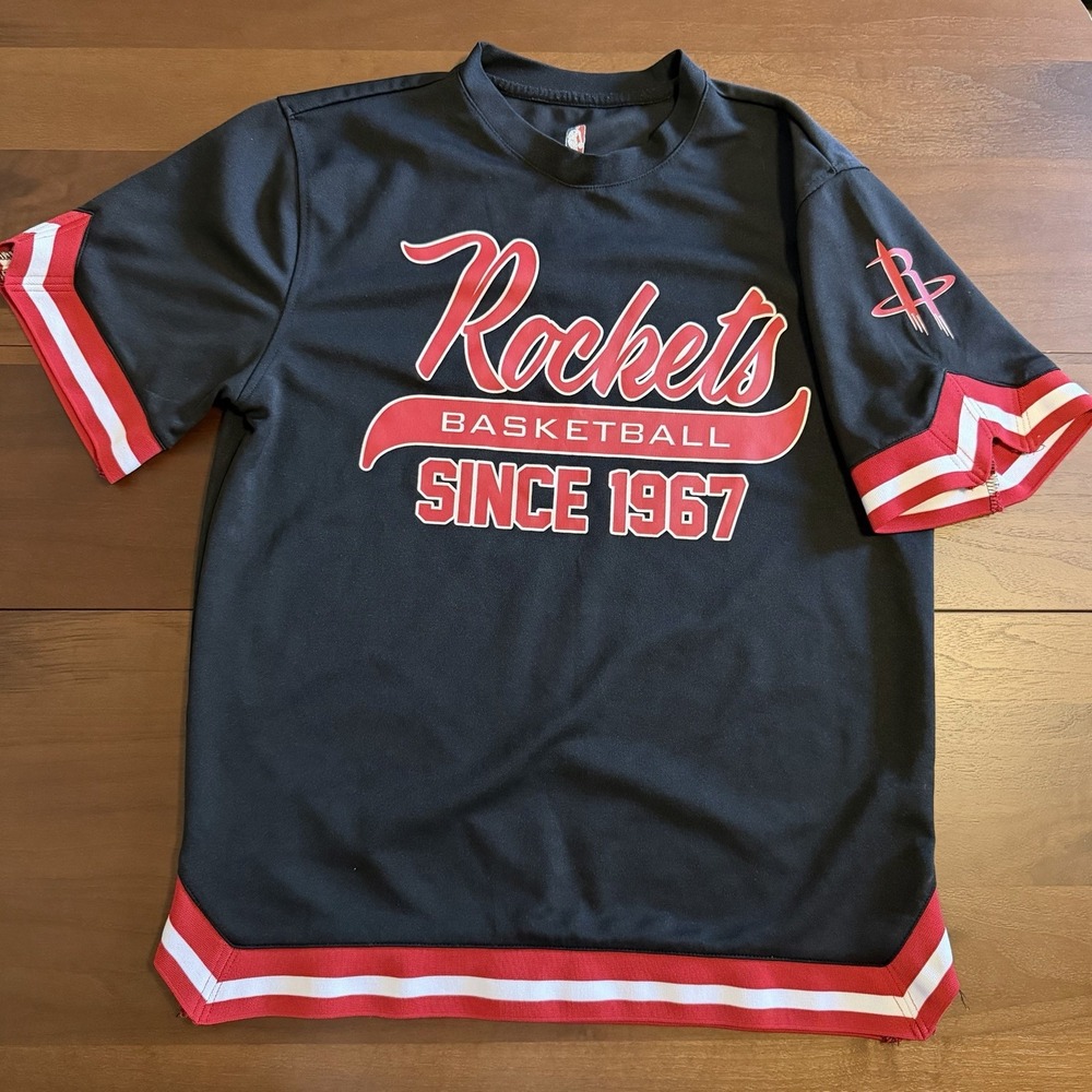 NBA Houston Rockets Basketball Warm Up Shirt Jersey Black Red Script Mens Medium